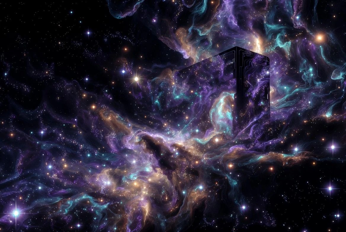 Custom gaming PC tower by Cosmic Custom PCs LLC in a purple and teal nebula