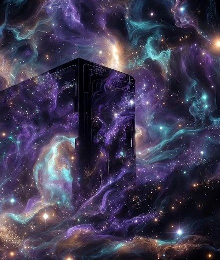 Close view of the Cosmic Custom PCs LLC tower against the nebula